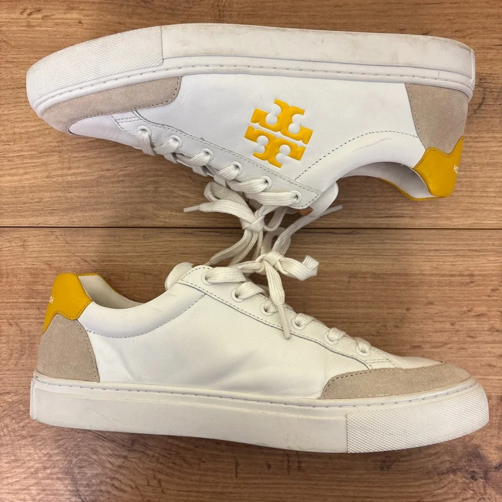TORY BURCH Andrea‎ Colorblock Court Sneaker White/Goldfinch Yellow Women Size 9